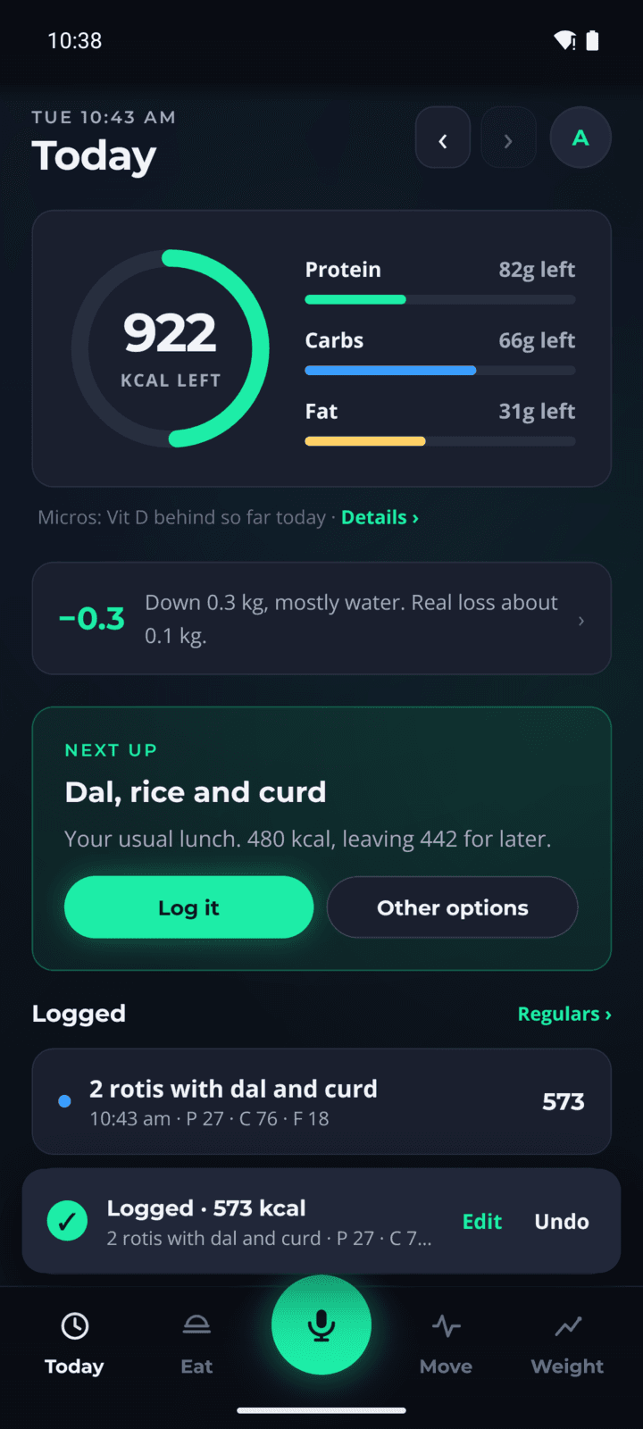 A meal logged by voice, with calories and macros filled in