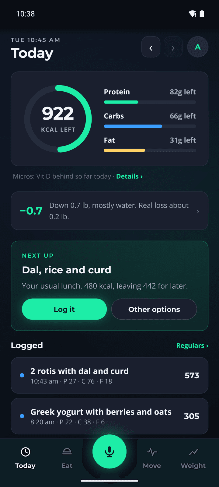 Pranero's Today screen: calories and macros left, the next meal to eat, and today's logs